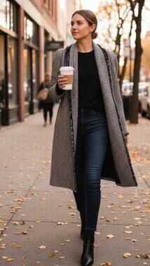 Portrait Petite Houndstooth Longline Coat Cardigan Cream Black Open Front Small